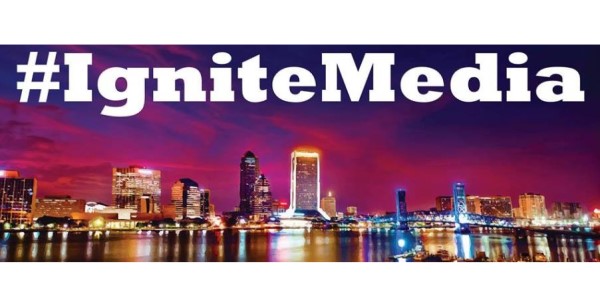 One Spark 2015 poster has a sunset over the Jacksonville skyline and the words #IgniteMedia.