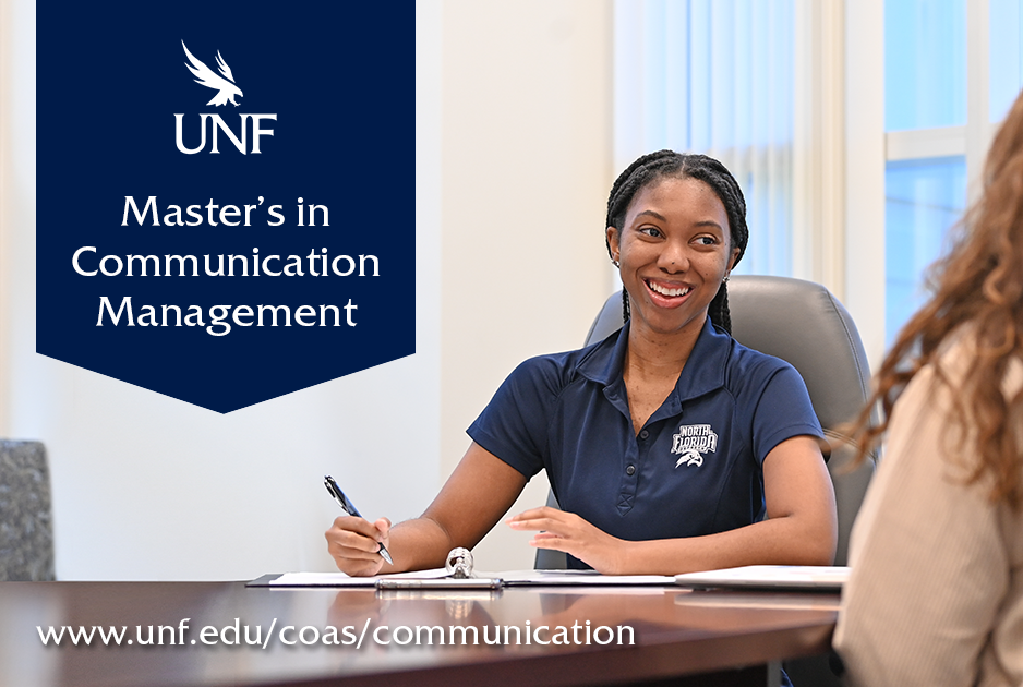 Communication management alumna in her office