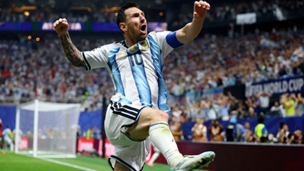 Argentina's Lionel Messi celebrates a goal against Egypt in the Round of 16 at the 2026 FIFA World Cup in Atlanta. (Carlos Barria/REUTERS)