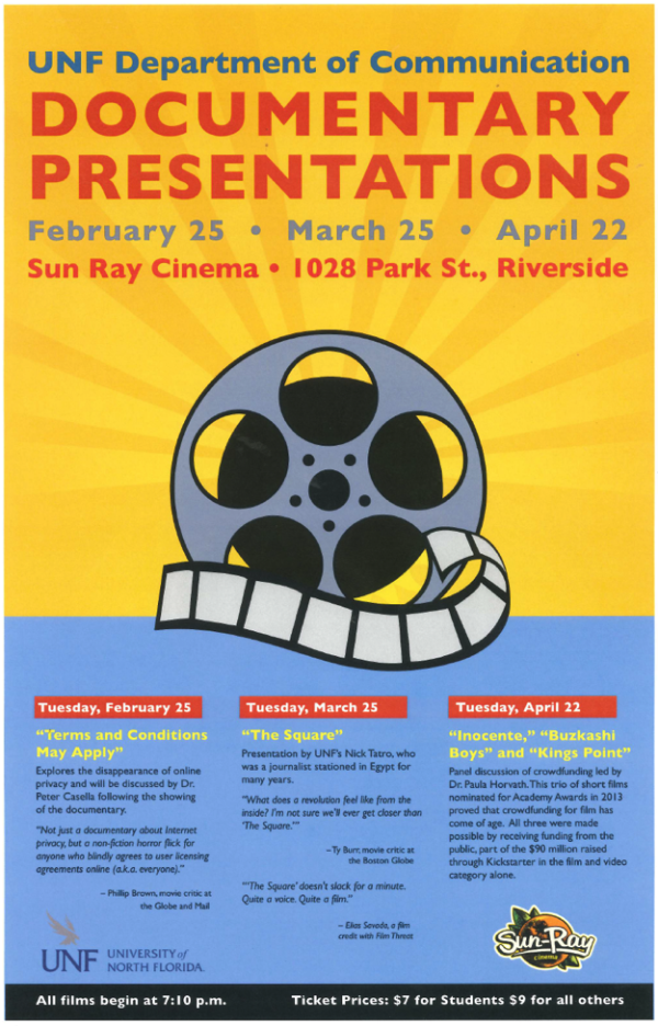 Documentary poster in yellow and blue with a film reel in the middle.