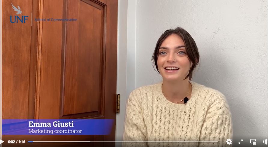 Emma Giusti seated for her video interview.