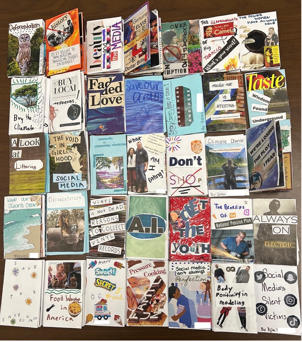 Zines created by students in a collage.
