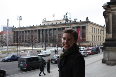 Jessica DuBois-Maahs in front of large Northwestern University building.