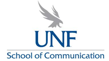 Logo has UNF School of Communication in blue font and a grey osprey over the print.