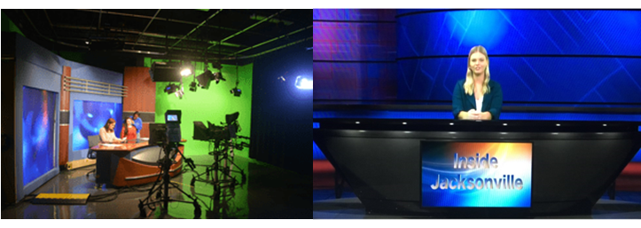 The old Inside Jacksonville set from 2018 (left) and the new virtual set in 2020 (right).