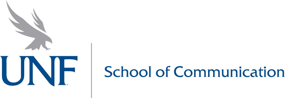 Blue and gray School of Communication horizontal logo.