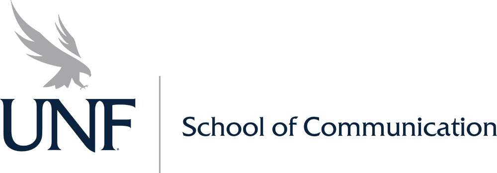 Blue and gray School of Communication horizontal logo.