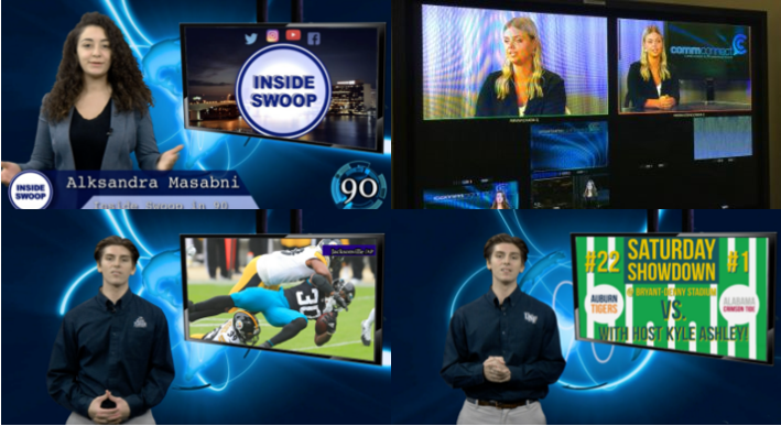 Four photos of students using virtual sets inside the studio.