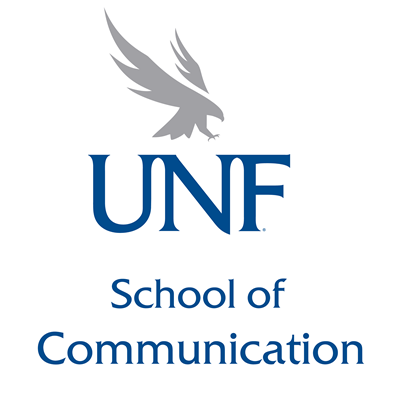 school of communication logo in blue with gray osprey