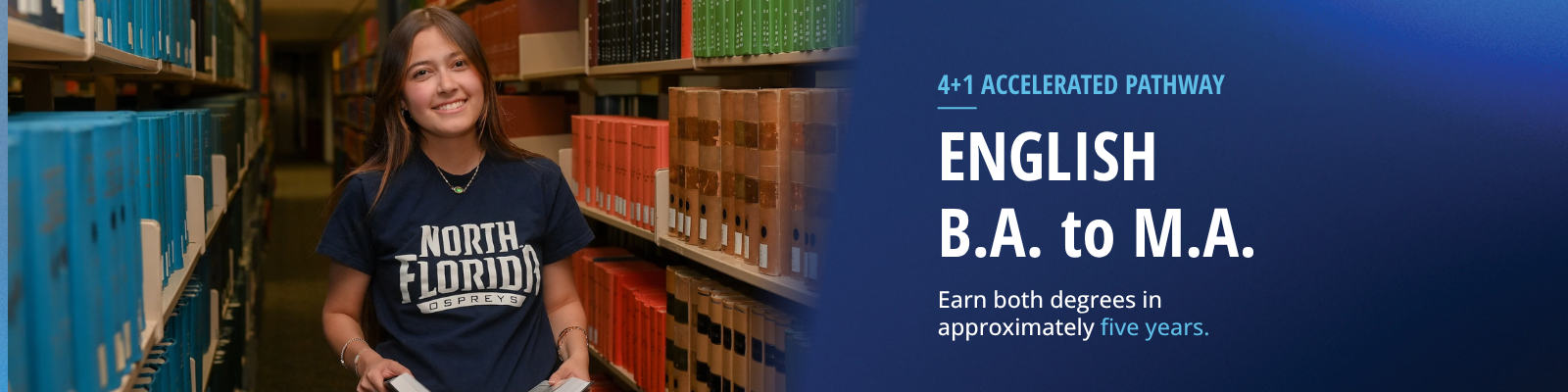 Promotional banner for the University of North Florida 4+1 Accelerated Pathway. Text reads: English B.A. to M.A. Earn your master's degree in approximately five years.