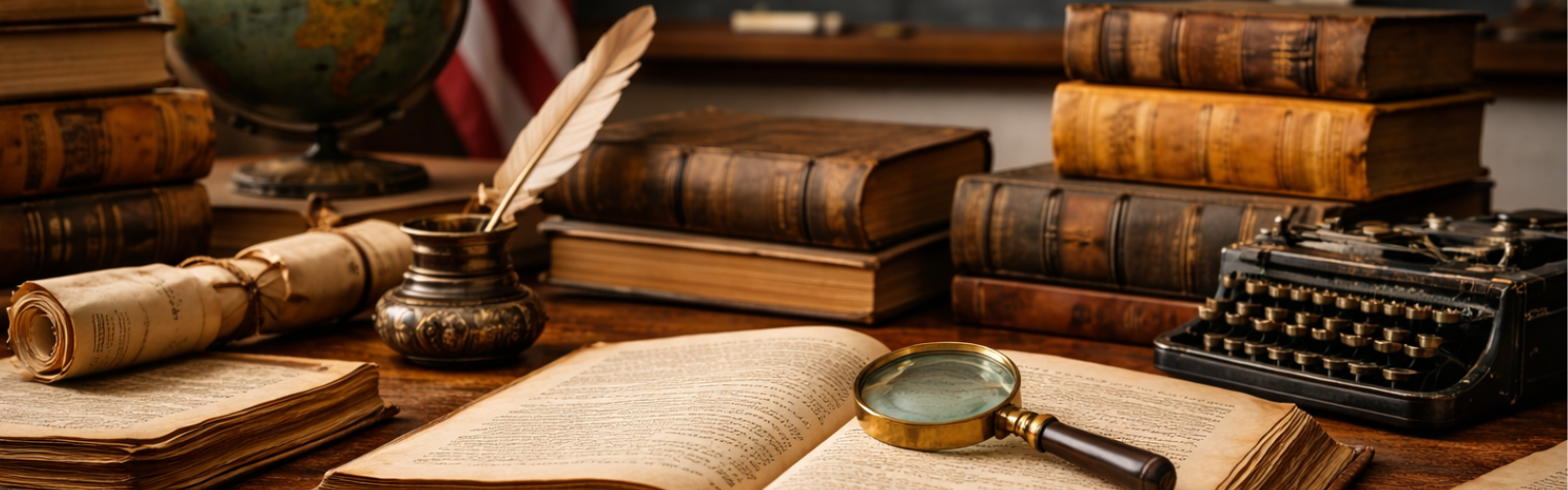 Historical books and artifacts on a study table