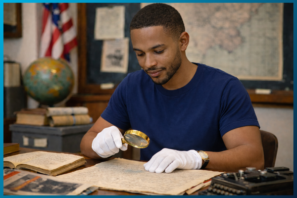 History graduate student researching archival documents