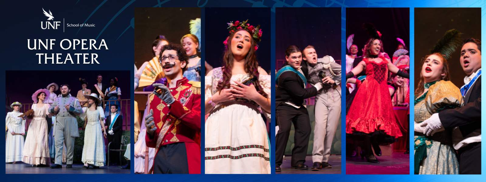 Photos of people singing and dancing on stage showcasing opera