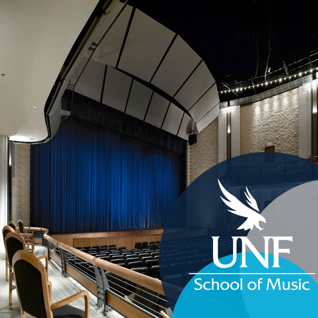 Inside of Lazzara Theater with seating and stage. UNF SOM logo on lower right. 