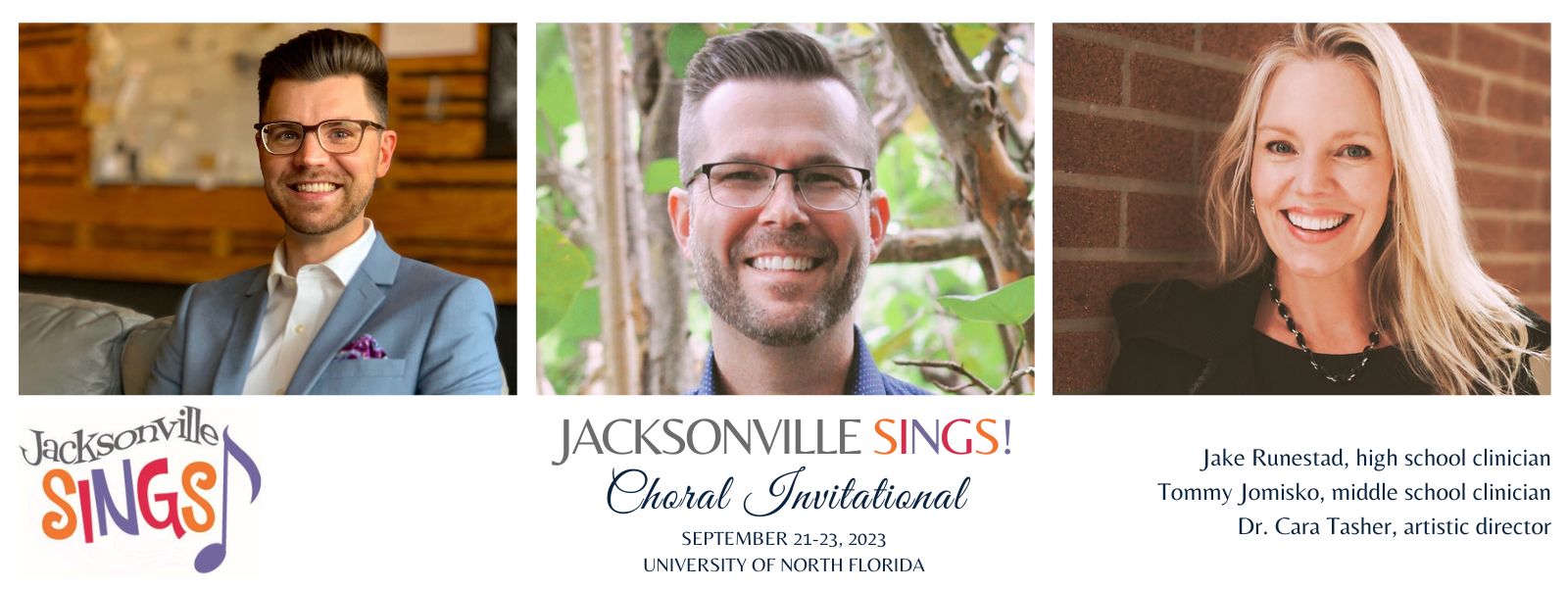 Headshots of men wearing glasses and smiling and a headshot of a blonde  woman smiling as she leans against a brick wall. See banner text below.