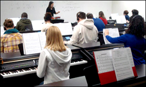 Students playing keyboards in music lab
