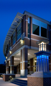 Fine Arts Center exterior at night