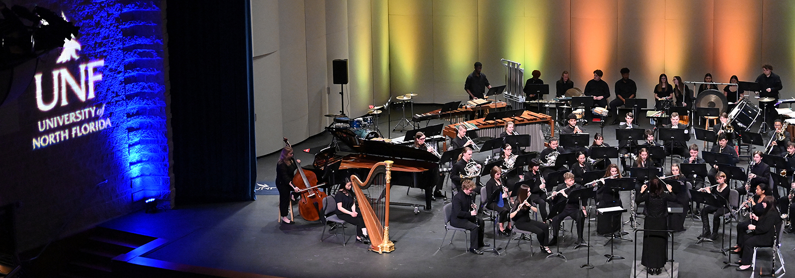 The UNF wind symphony giving a performance at the Lazzara Performance Hall