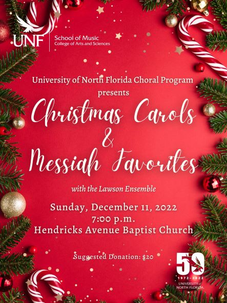 Candy cane and garland border with red background. Text 'Christmas Carols and Messiah Favorites' with details of performance.