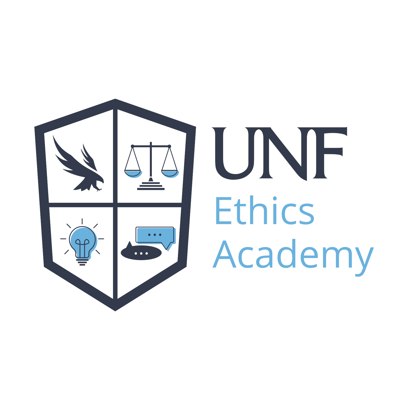 UNF Ethics Academy Logo, image of a shield with four quadrants with images, including an Osprey, the scales of justice, a light bulb, and dialogue bubbles, along with the words "UNF Ethics Academy", in dark blue and cyan blue