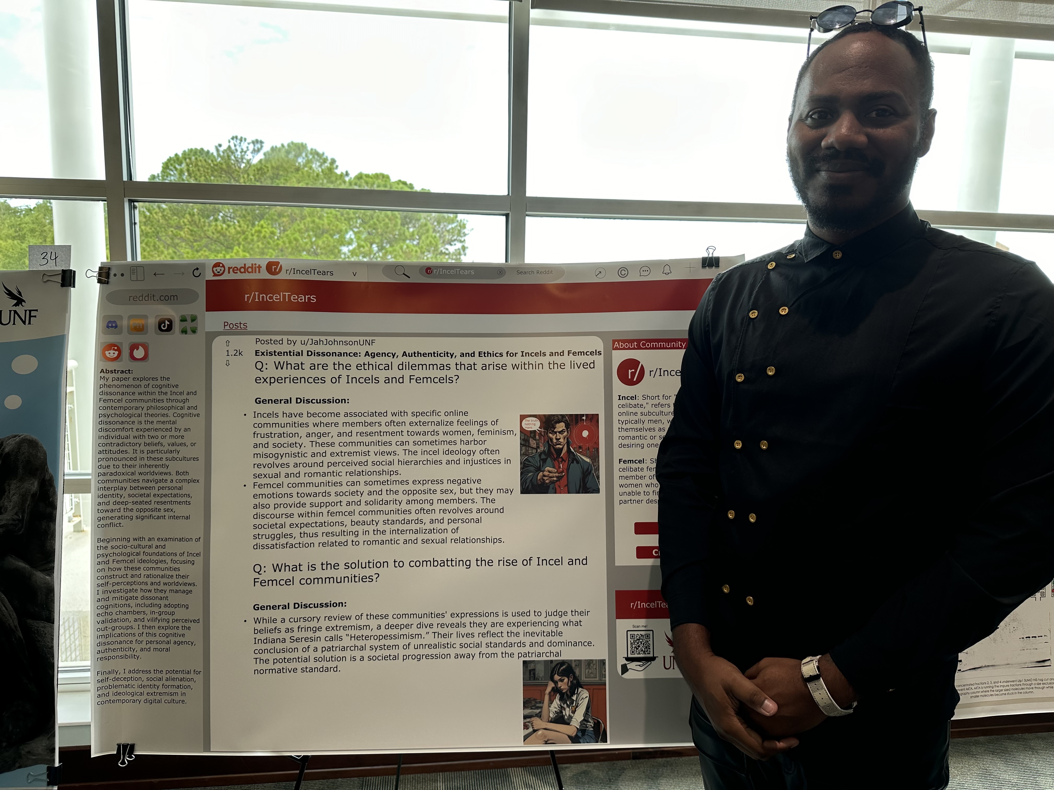 Jah in front of his poster at the 2024 SURF presentation