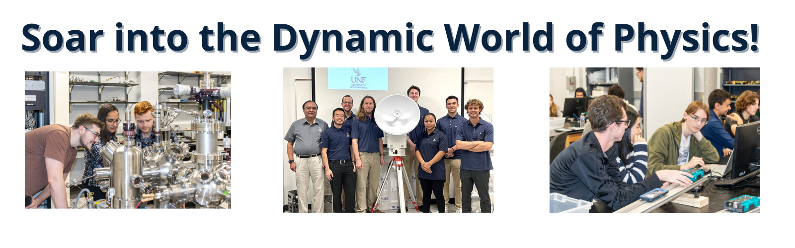 Photo of physics students in lab and at a conference