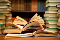 Stack of books in library