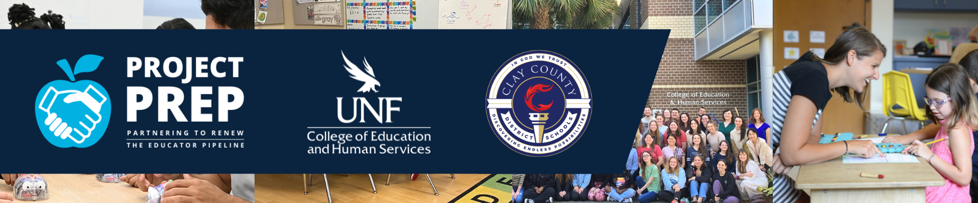 Project Prep logo, the UNF COEHS logo, and the Clay County emblem on top of student photo collage