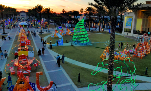 Aerial shot of Deck the Chairs at Jax Beach with christmas lights