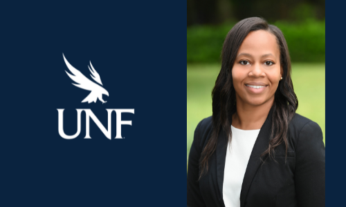 Michelle Drinks headshot on a blue background with UNF logo