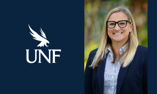 Dr. Tara Rowe headshot with UNF logo