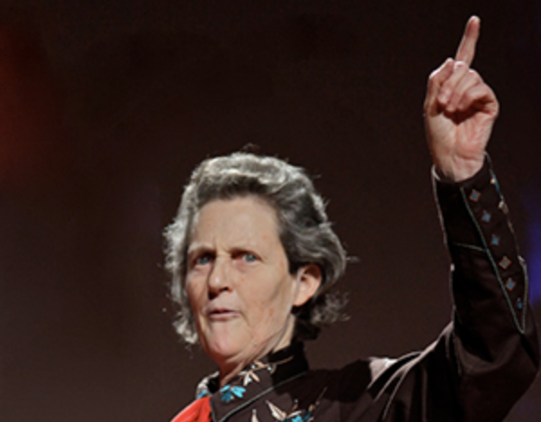 Temple Grandin talking and holding her hand up