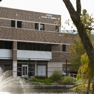 The Coggin College of Business building with the fountain and a branch in the foreground