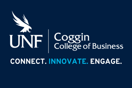 UNF Coggin College of Business Logo with CONNECT in white INNOVATE in cyan and ENGAGE in white on a blue background 