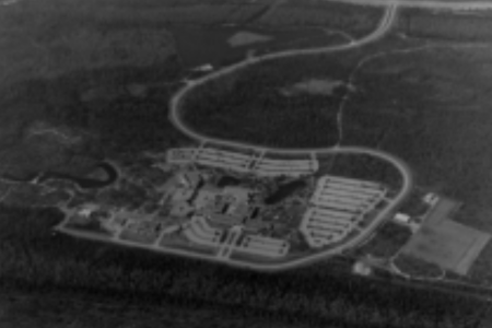 A black and white aerial view of the UNF college campus