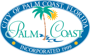 Logo of palm tree and suns with City of Palm Coast Florida Incorporated 1999 inside blue banner 