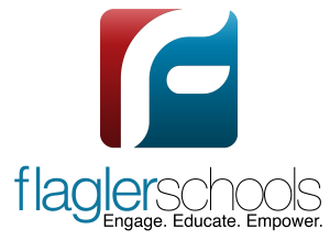 Red and blue logo with Flager schools engage, educate, empower at the bottom
