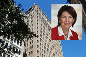 Photo of building with tree and headshot of Karen Bowling in red blazer