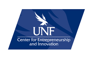 UNF Logo with Center for Entrepreneurship and Innovation written below and blue background 