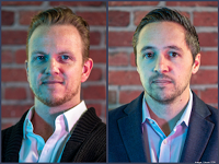 Two headshots put together of men wearing suits with brick background