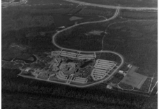 A black and white aerial view of the UNF college campus