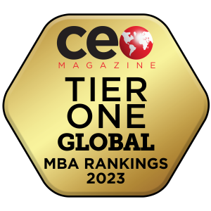 CEO MAGAZINE TIER ONE GLOBAL MBA RANKINGS 2023 gold background and the O in CEO is a globe