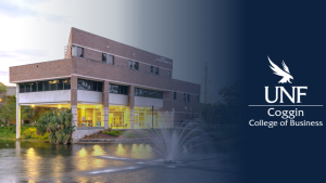 Coggin Building and fountain with blue gradient and UNF logo with osprey logo and Coggin College of Business