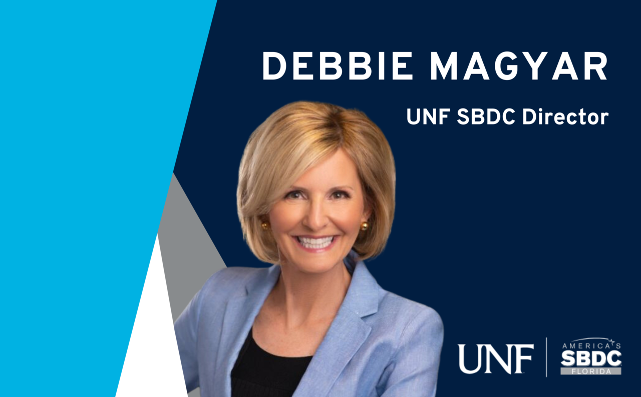 Debbie Magyar UNF SBDC Director, Cyan, white, grey, blue geometric background. UNF SBDC logo