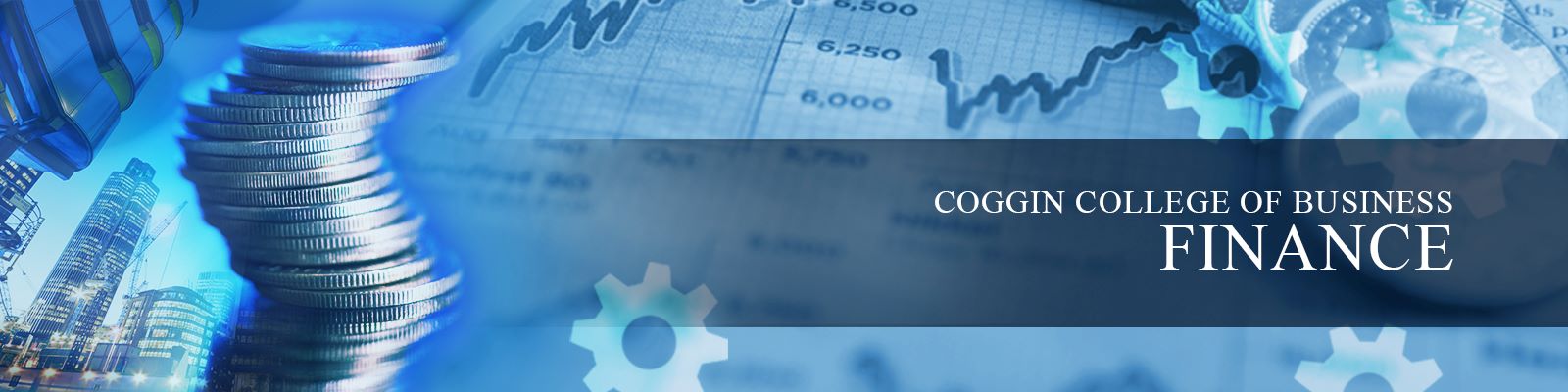Blue Coggin College Of Business Finance Banner with gears, coins, papers and buildings