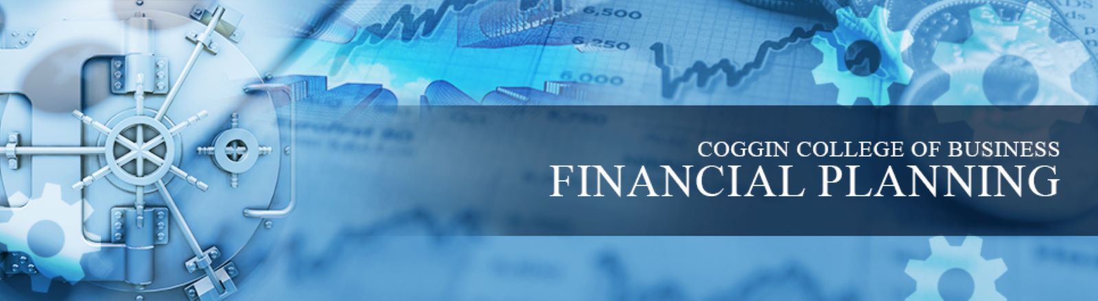 Coggin College of Business Financial Planning, with a vault, stocks, and gears in background