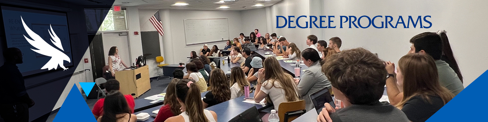 dark blue color with white osprey logo, students in a classroom with professor, degree programs in blue text