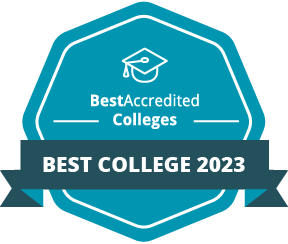 Best Accredited Colleges in a blue octagon and Best College 2023 in blue ribbon