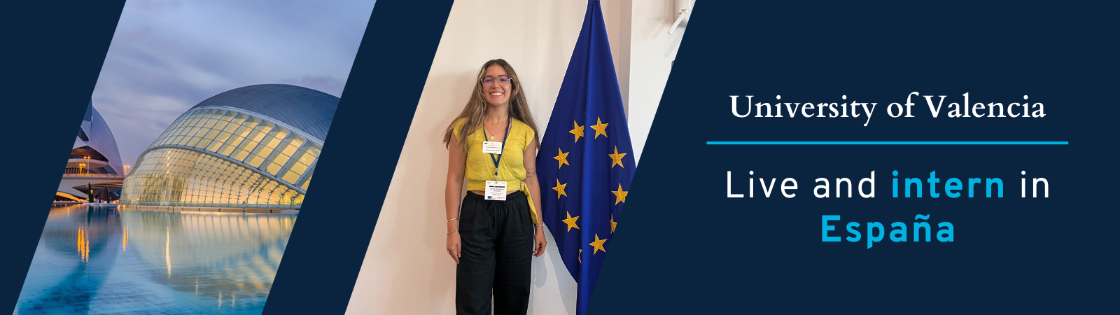 Student posing near a European union flag and some advanced structured building at València, Spain.