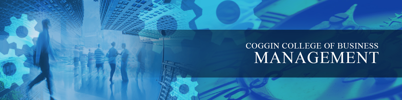 Blue Coggin College of Business Management banner with buildings, gears, and people
